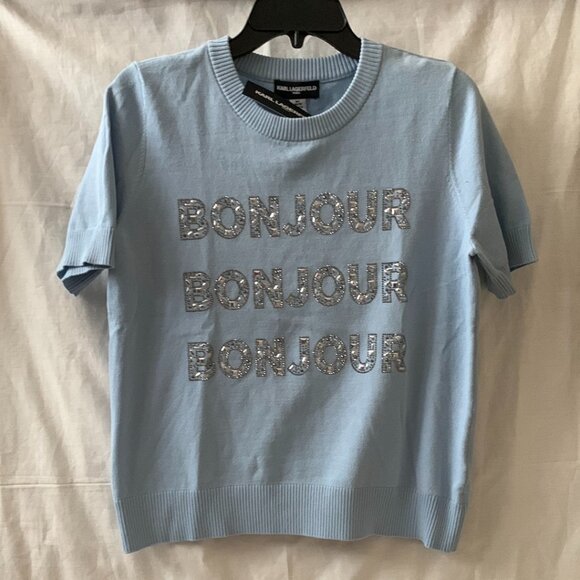 KARL LAGERFELD Bonjour Studded Knit Top in Chambray Blue Sz MEDIUM - Picture 1 of 4